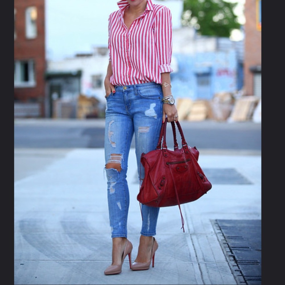 H&M- NWOT Button Down Red/White Pinstriped Shirt